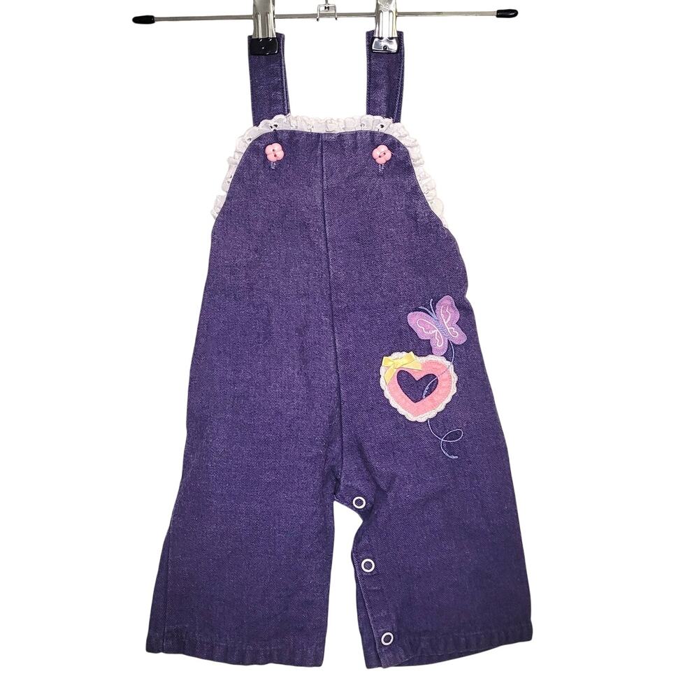 Vintage Purple Baby Overalls Heart Butterfly Applique Cotton Romper 9 Months